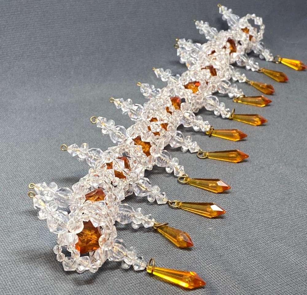 VTG Handmade Victorian Beaded Ornaments Set 11 Amber Prism Christmas Tree Decor
